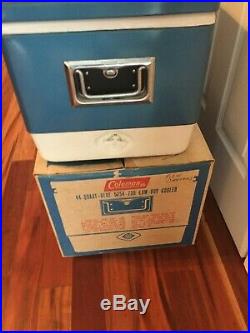 Coleman Cooler Blue Vintage Low-Boy Snow-lite Metal Cooler with Tray and Box