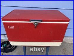 Coleman Red Metal Cooler With Metal Handles Bottle Openers 1975 28x15x15 READ