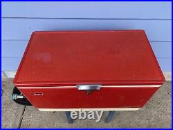 Coleman Red Metal Cooler With Metal Handles Bottle Openers 1975 28x15x15 READ