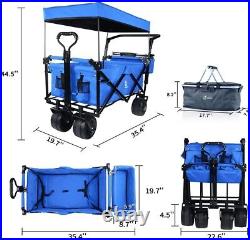 Collapsible Wagon Heavy Duty Folding Wagon Cart Blue Removable Canopy Cooler Bag