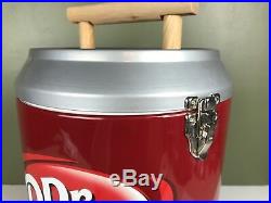 Dr. Pepper Can Metal Advertising Cooler with Wood Handle, Hinged Top Insulated