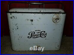 Drink Pepsi Cola Cooler White Embossed Black Metal Picnic Refrigerator Vintage