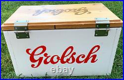 Grolsch White Metal Ice Chest Cooler With Wooden Top Holds 36 Cans