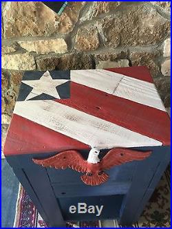 Hand-Made Rustic Wood Outdoor Americana Ice Chest With Metal Eagle Handle
