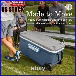 Hard Chest Wheeled Cooler Blue 100QT Heavy-Duty Wheels Durable Swing-Up Handles