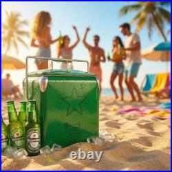 Heineken 13L Retro Metal Beer Cooler Vintage Green Ice Bucket 3Day Ice Retention