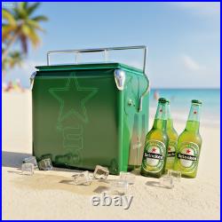 Heineken Classic Metal Cooler, 14Qt Green Retro Ice Chest for Outdoor Parties