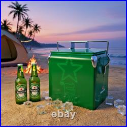 Heineken Classic Metal Cooler, 14Qt Green Retro Ice Chest for Outdoor Parties