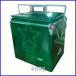 Heineken Metal Cooler Box, Green 14-Quart Classic Ice Bucket for Camping Parties