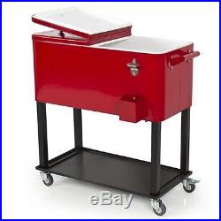 Home Cooler Red Metal Rolling Cart Patio Deck Bar Ice Chest Bottle Container