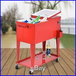 Large Outdoor 80Qt Red Metal Party Beer Wine Cooler Cart Rolling Ice Chest Wheel