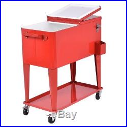 Large Outdoor 80Qt Red Metal Party Beer Wine Cooler Cart Rolling Ice Chest Wheel
