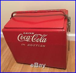Large Vintage 1950's Coca Cola Soda Pop Acton Picnic Cooler Embossed Metal Sign