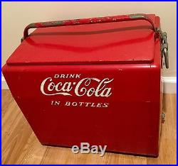 Large Vintage 1950's Coca Cola Soda Pop Acton Picnic Cooler Embossed Metal Sign