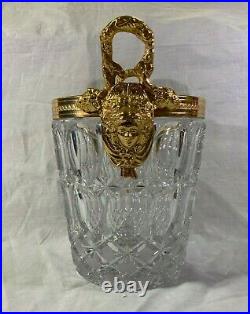 Lg Vtg Glass & Gold Metal Hollywood Regency Champagne Wine Bucket Cooler w Faces