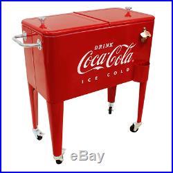 Metal Beverage Cooler on Wheels Insulated Coca Cola Ice Chest with Bottle Opener