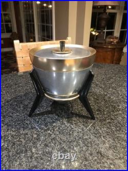 Mid Century Atomic Gold & Silver Metal Ice Bucket Black Legs READ