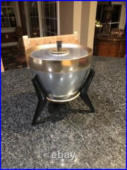 Mid Century Atomic Gold & Silver Metal Ice Bucket Black Legs READ