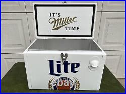 Miller Lite Beer Ice Box Chest Cooler White Metal With Bottle Opener Wooden Top
