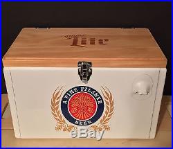 Miller Lite Beer Metal Cooler with Wooden Top & Bottler Opener 17x11x10 New Rare