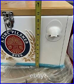 New! Miller Lite Pilsner Beer Ice Box Chest Cooler White Metal With Bottle Opener