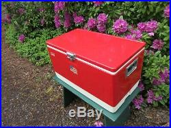 Nice Vintage Coleman Red Metal Cooler 80 Quart with Ice Trays + Water Jug