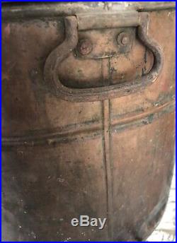 Old Vtg Antique Copper Wash Tub Kettle Round Metal LID Top Handle Bucket Cooler