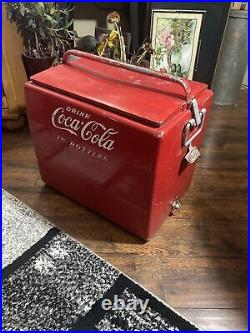 Original Red Metal Coca Cola Ice Chest Handle Bottle Opener Inside Tray Complete