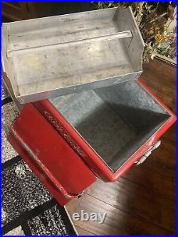 Original Red Metal Coca Cola Ice Chest Handle Bottle Opener Inside Tray Complete