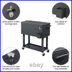 Outdoor 80QT Rolling Party Iron Cooler Cart Ice Bee Chest With Wheels, Shelf