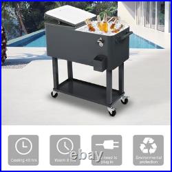 Outdoor 80QT Rolling Party Iron Cooler Cart Ice Bee Chest With Wheels, Shelf