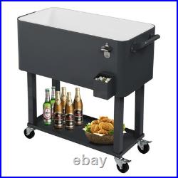 Outdoor 80QT Rolling Party Iron Cooler Cart Ice Bee Chest With Wheels, Shelf
