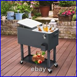 Outdoor 80QT Rolling Party Iron Cooler Cart Ice Bee Chest With Wheels, Shelf