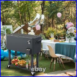 Outdoor 80QT Rolling Party Iron Cooler Cart Ice Bee Chest With Wheels, Shelf