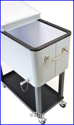 Patio Cooler Cart Metallic Silver Ice Chest 80 Qt Mobile Standing Wheels Tray