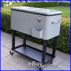 Patio Cooler Cart Metallic Silver Ice Chest 80 Qt Mobile Standing Wheels Tray