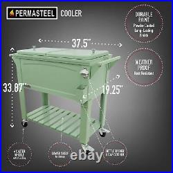 Patio Cooler Rolling Ice Chest Sage Green 80 Qt with Opener Holds 110 Cans Metal
