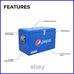Pepsi 21-Quart Steel Cooler, Portable Ice Chest, Hard-Sided Metal with Bottle Open