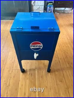 Pepsi Metal Rolling Cooler on Wheels Retro Style Ice Chest with Lid & Shelf