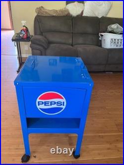 Pepsi Metal Rolling Cooler on Wheels Retro Style Ice Chest with Lid & Shelf