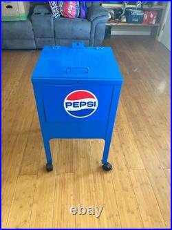 Pepsi Metal Rolling Cooler on Wheels Retro Style Ice Chest with Lid & Shelf