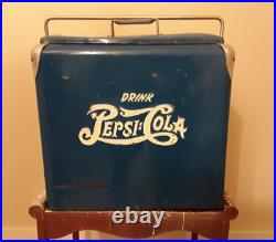 RARE DOUBLE DOT Vintage 1950s Drink Pepsi Cola Blue Metal Ice Cooler Chest
