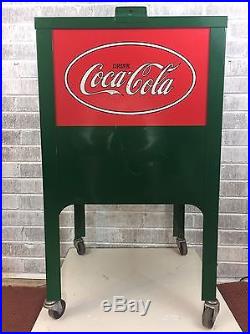 RARE VINTAGE Coca-Cola Green Red Metal Rolling Ice Box Cooler Cart Collectible
