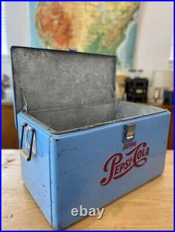 RARE Vintage 1960s PEPSI COLA Light Blue Metal Picnic Cooler Ice Chest Embossed