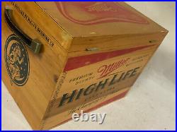 RARE Wooden Vintage Miller High Life Beer Ice Chest Cooler Metal Leather Handles