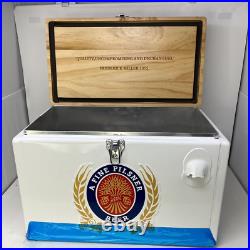 Rare Miller Lite Metal Chest Cooler with Engraved Wood Lid and Bottle Opener read