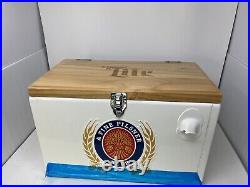 Rare Miller Lite Metal Chest Cooler with Engraved Wood Lid and Bottle Opener read