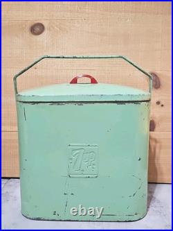 Rare Vintage Green 7up Branded Metal Airplane Cooler Soft Drink Tote with Handle Rare Vintage Green 7up Branded Metal Airplane Cooler Soft Drink Tote with Handle