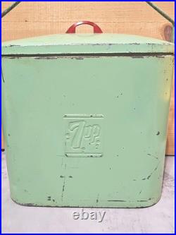 Rare Vintage Green 7up Branded Metal Airplane Cooler Soft Drink Tote with Handle Rare Vintage Green 7up Branded Metal Airplane Cooler Soft Drink Tote with Handle