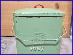 Rare Vintage Green 7up Branded Metal Airplane Cooler Soft Drink Tote with Handle Rare Vintage Green 7up Branded Metal Airplane Cooler Soft Drink Tote with Handle